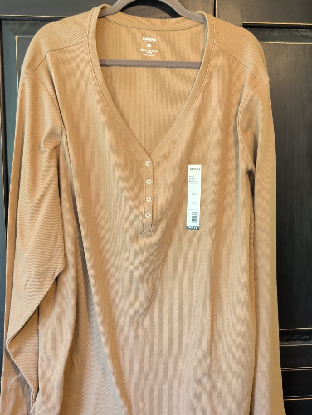 Sonoma Tan Ribbed Henley Long Sleeve Top